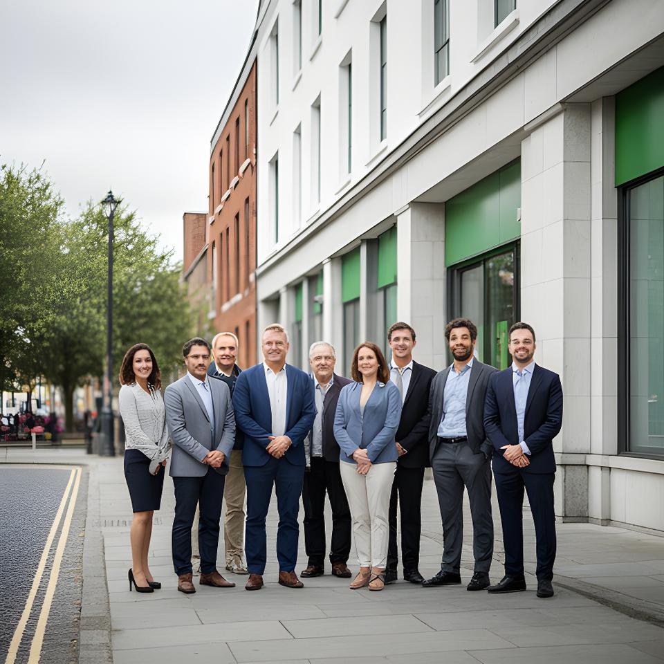 Kearney HR Solutions team standing outside a Dublin office on Hospital Road with a confident professional welcome