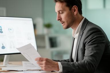 Ciaran Doyle reviewing candidate profiles in a modern recruitment workspace