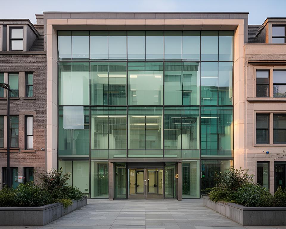 Modern Dublin office entrance on Hospital Road with glass frontage and tidy pavement outside