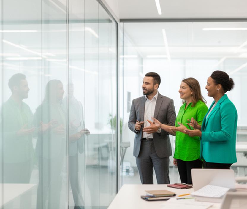 Diverse workplace leaders discussing employee relations strategy beside a glass meeting wall in Dublin