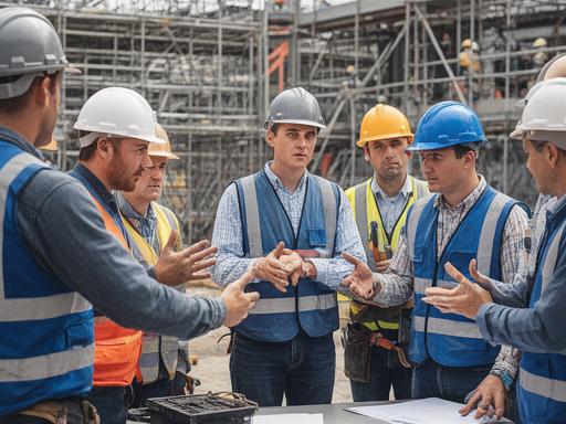 Toolbox briefing with supervisors and tradespeople on a busy engineering site