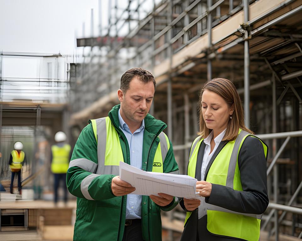 Site manager and HR adviser reviewing shift plans beside active construction scaffolding in Dublin