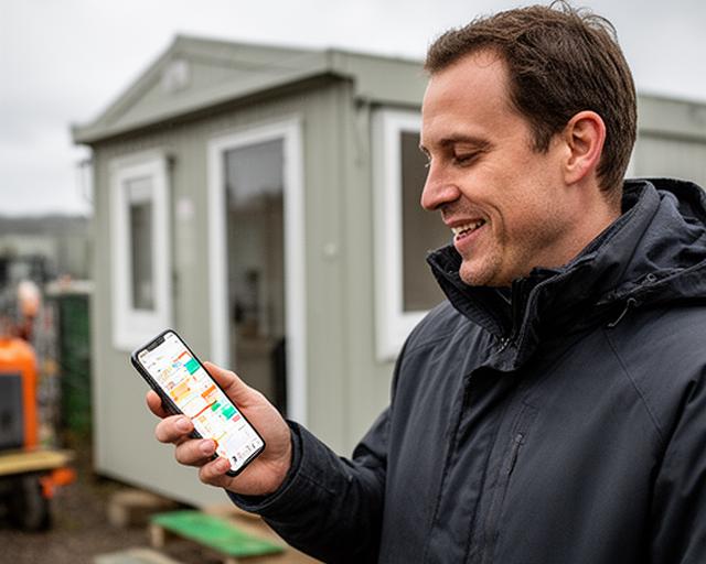 HR adviser taking a call beside a site cabin with digital rota notes on a mobile phone