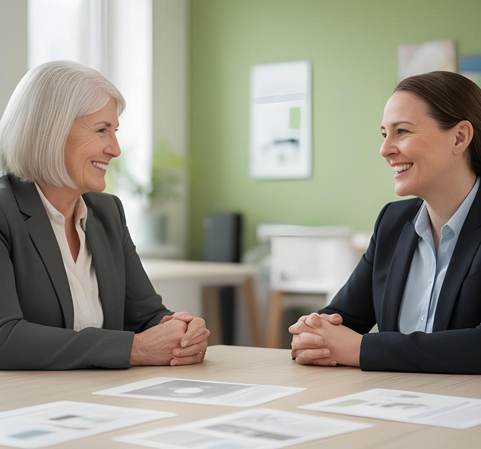 Senior HR consultant meeting a Dublin business owner in a bright modern office with printed notes on the table