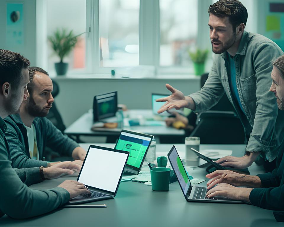 Remote software team collaborating on laptops during a hybrid planning session in a modern Irish workspace
